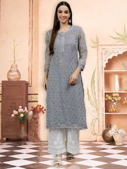 Seva Chikan - Hand Embroidered Grey Georgette Lucknowi Chikankari Kurta with Inner (Set of 2)