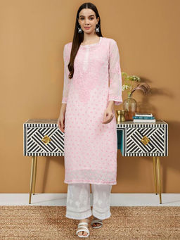 Seva Chikan - Hand Embroidered Pink Georgette Lucknowi Chikankari Kurta with Inner (Set of 2)
