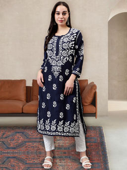 Seva Chikan - Hand Embroidered Navy Blue Muslin Lucknowi Chikankari Kurta