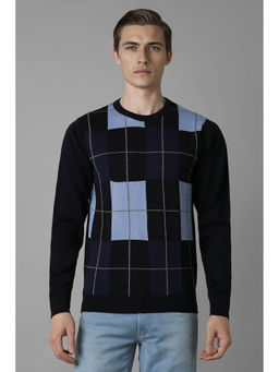 Louis Philippe - Men Black Regular Fit Checks Printed Full Sleeves Sweater