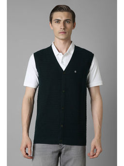Louis Philippe - Men Green Regular Fit Textured Sleeveless Cardigan