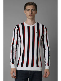 Louis Philippe - Men White Regular Fit Stripes Printed Full Sleeves Sweater