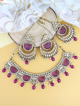 I Jewels - Purple Gold Plated Traditional Pearl Kundan and Stone Necklace Jewellery Set