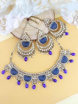 I Jewels - Blue Gold Plated Traditional Pearl Kundan and Stone Necklace Jewellery Set