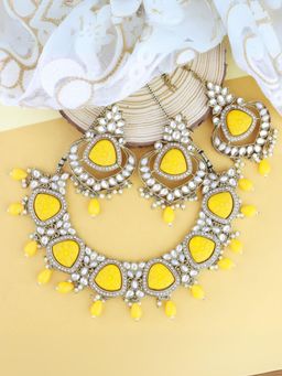 I Jewels - Yellow Gold Plated Traditional Pearl Kundan and Stone Necklace Jewellery Set