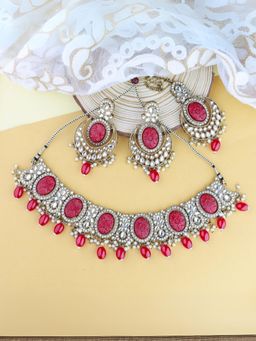 I Jewels - Red Gold Plated Traditional Red Pearl Kundan and Stone Necklace Jewellery Set
