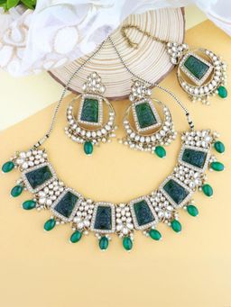 I Jewels - Green Gold Plated Traditional Pearl Kundan and Stone Necklace Jewellery Set