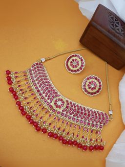I Jewels - Pink Gold Plated Traditional Kundan and Pearl Choker Necklace Set
