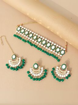 I Jewels - Green Gold Plated Traditional Mirror And Pearl Work Choker Necklace Jewellery Set