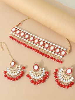 I Jewels - Red Gold Plated Traditional Mirror And Pearl Work Choker Necklace Jewellery Set