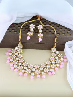 I Jewels - Pink Gold Plated Traditional Kundan Bridal Choker Necklace Jewellery Set