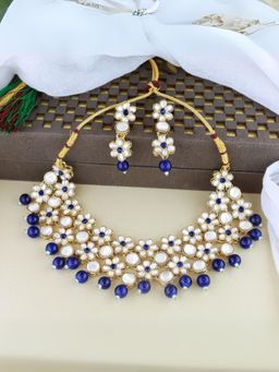 I Jewels - Blue Gold Plated Traditional Kundan Bridal Choker Necklace Jewellery Set