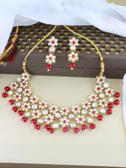 I Jewels - Red Gold Plated Traditional Kundan Bridal Choker Necklace Jewellery Set