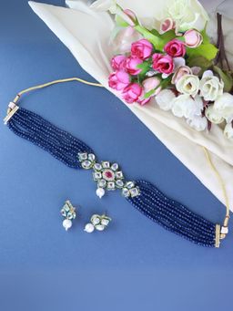 I Jewels - Blue Gold Plated Traditional Glided With Kundan and Beads Choker Set