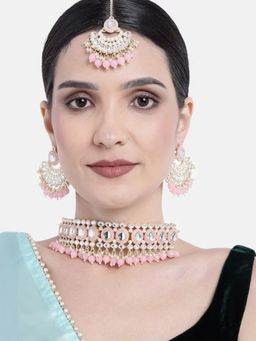 I Jewels - Pink Gold Plated Traditional Mirror And Pearl Work Choker Necklace Jewellery Set