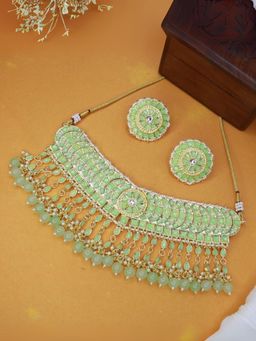 I Jewels - Aqua Gold Plated Traditional Kundan and Pearl Choker Necklace Set