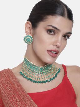 I Jewels - Green Gold Plated Traditional Kundan and Pearl Choker Necklace Set