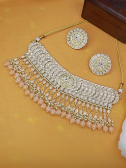 I Jewels - Peach Gold Plated Traditional Kundan and Pearl Choker Necklace Set