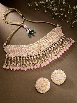 I Jewels - Pink Gold Plated Traditional Kundan and Pearl Choker Necklace Set