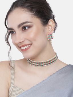 I Jewels - Multi-Color Gold Plated Traditional Peach Pearl and Kundan Choker Necklace Jewellery Set