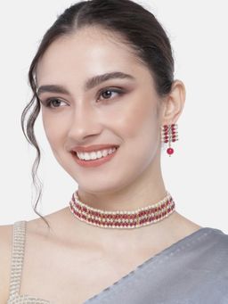 I Jewels - Pink Gold Plated Traditional Peach Pearl and Kundan Choker Necklace Jewellery Set
