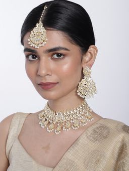 I Jewels - White Gold Plated Traditional Meenakari Kundan and Pearl Choker Necklace Jewellery Set