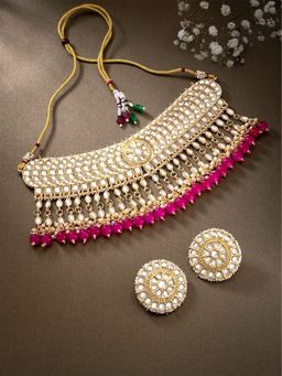 I Jewels - Pink Gold Plated Traditional Kundan and Pearl Bridal Choker Necklace Jewellery Set