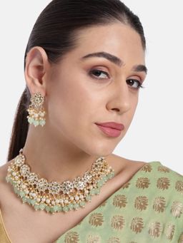 I Jewels - Aqua Gold Plated Traditional Kundan and Pearl Choker Necklace Set