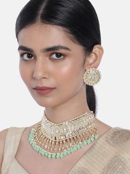 I Jewels - Aqua Gold Plated Traditional Kundan and Pearl Choker Necklace Set