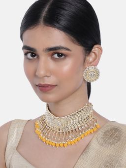 I Jewels - Yellow Gold Plated Traditional Kundan and Pearl Bridal Choker Necklace Jewellery Set