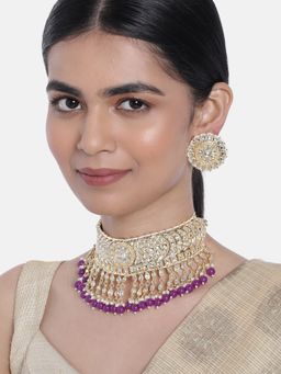 I Jewels - Purple Gold Plated Traditional Kundan and Pearl Bridal Choker Necklace Jewellery Set