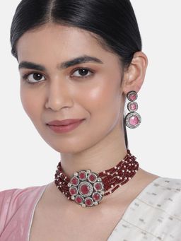 I Jewels - Maroon Gold Plated Traditional Maroon Stone Choker Necklace Jewellery Set