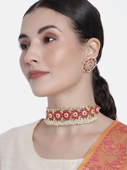 I Jewels - Red Gold Plated Traditional Ruby Kundan and Pearl Choker Necklace Jewellery Set