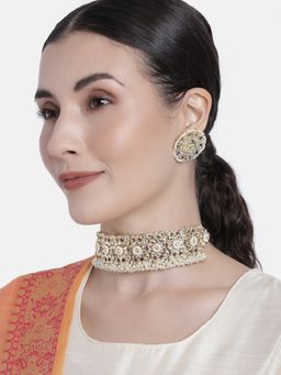 I Jewels - White Gold Plated Traditional White Kundan and Pearl Choker Necklace Jewellery Set