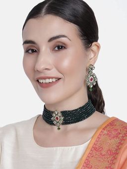 I Jewels - Green Gold Plated Traditional Glided With Kundan and Beads Choker Necklace Set