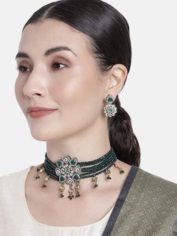 I Jewels - Green Gold Plated Traditional Green Stone and Beaded Choker Necklace Jewellery Set