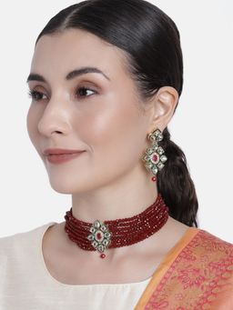 I Jewels - Maroon Gold Plated Traditional Glided With Kundan and Beads Choker Necklace Set