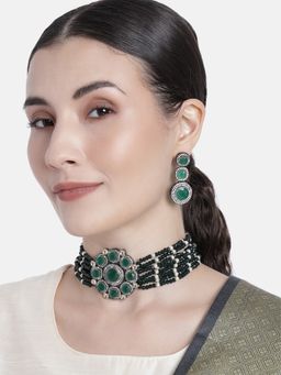 I Jewels - Green Gold Plated Traditional Green Stone and Beaded Choker Necklace Jewellery Set