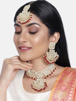 I Jewels - Maroon Gold Plated Traditional Pearl Kundan Choker Jewellery Necklace Set