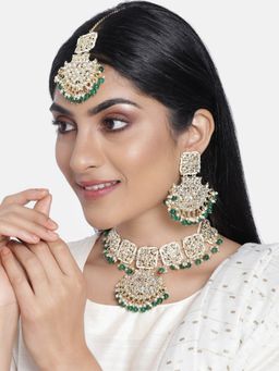 I Jewels - Green Gold Plated Traditional Pearl Kundan Choker Jewellery Necklace Set