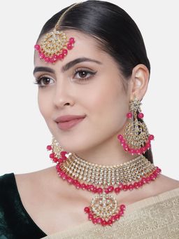 I Jewels - Pink Gold Plated Traditional Kundan and Pearl Choker Necklace Jewellery Set