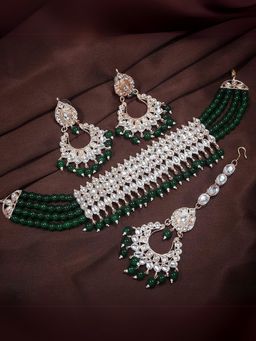 I Jewels - Green Rose Gold Plated Ethnic Traditional Kundan and Pearl Choker Necklace Jewellery Set