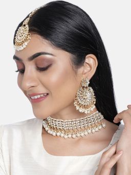 I Jewels - White Gold Plated Traditional Kundan and Pearl Choker Necklace Jewellery Set