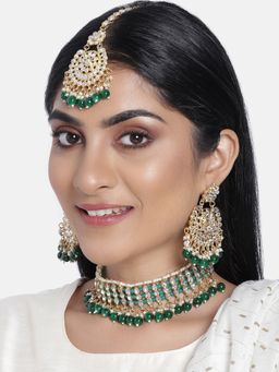 I Jewels - Green Gold Plated Traditional Kundan and Pearl Choker Necklace Jewellery Set