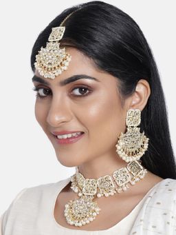 I Jewels - White Gold Plated Traditional Pearl Kundan Bridal Choker Necklace Jewellery Set