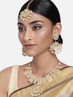 I Jewels - White Gold Plated Traditional Kundan and Pearl Bridal Choker Necklace Jewellery Set