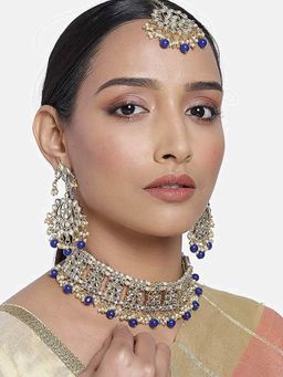 I Jewels - Blue Gold Plated Traditional Kundan and Pearl Choker Necklace Jewellery Set