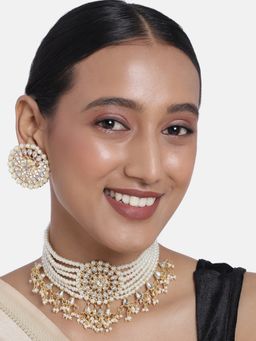 I Jewels - White Gold Plated Traditional Glided With Kundan and Pearls Choker Necklace Set