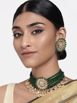 I Jewels - Green Gold Plated Traditional Glided With Kundan and Pearls Choker Necklace Set
