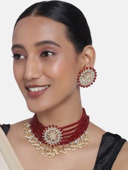 I Jewels - Maroon Gold Plated Traditional Glided With Kundan and Pearls Choker Necklace Set